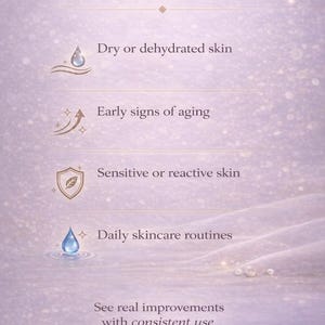 May include: A vertical image with a soft purple background and white text that reads "Who It's For". The text is followed by a list of skincare benefits: dry skin, early aging signs, sensitive skin, and daily routines.