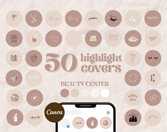 Pode incluir: Um conjunto de 50 capas de destaque de mídia social para um centro de beleza. As capas apresentam vários ícones relacionados aos serviços de beleza, como unhas, maquiagem, sobrancelhas e cabelo. As capas estão em um esquema de cores rosa claro com ícones pretos.