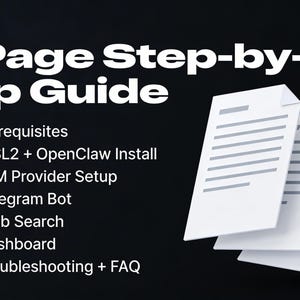 May include: A graphic with the text "WHAT'S INSIDE" and "21-Page Step-by-Step Guide." The guide covers prerequisites, WSL2, LLM Provider Setup, Telegram Bot, Web Search, Dashboard, and Troubleshooting. Three white paper documents are in the image.