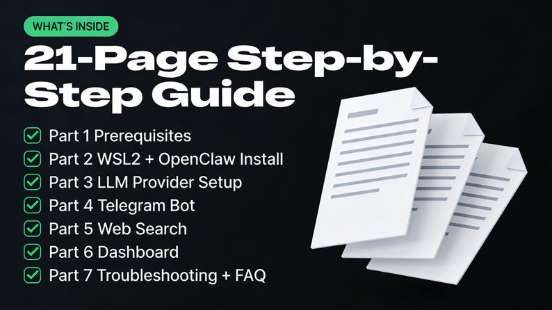 May include: A graphic with the text "WHAT'S INSIDE" and "21-Page Step-by-Step Guide." The guide covers prerequisites, WSL2, LLM Provider Setup, Telegram Bot, Web Search, Dashboard, and Troubleshooting. Three white paper documents are in the image.