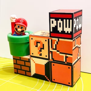 Blocs imprimables Super Mario Bros - Questions 3D vintage en papier, briques et cubes de POW pour décoration de fête, décoration de gâteau, travaux manuels | Téléchargement PDF