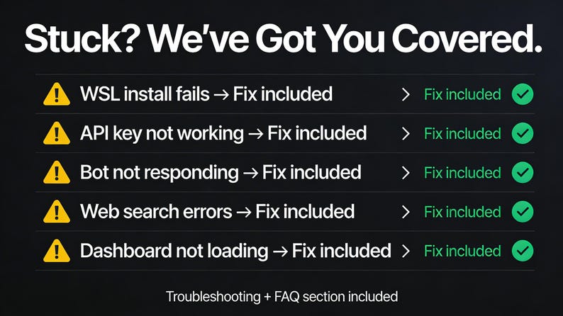 May include: A dark background with white text that reads "Stuck? We've Got You Covered." Below, a list of issues with yellow warning symbols and the text "Fix included." Troubleshooting and FAQ section included.