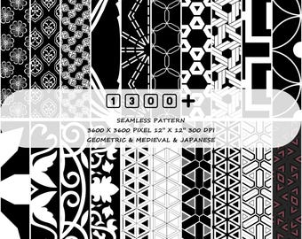 1300+ Monochrome Seamless Pattern | Japan, Medieval, Geometric, Modern, Grid Digital Art | DIY Crochet Craft, Fabric, Wallpaper & Gift Wrap