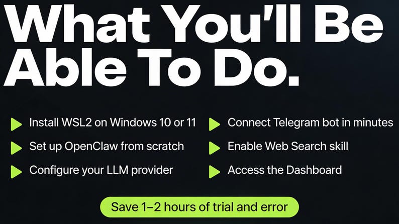 May include: A dark background with white text that reads "What You'll Be Able To Do." Below are bullet points detailing software installation and configuration tasks. A green bar at the bottom says "Save 1-2 hours of trial and error."