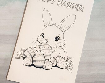 Cute Easter Bunny Digital Greeting Card & Coloring Page | Printable Easter Card with Eggs | Kids Activity | Instant Download Gift