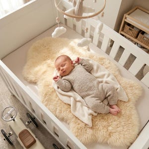 Puede incluir: Un bebé dormido en una cuna blanca. El bebé lleva un mono gris claro y está acostado sobre una alfombra de piel de oveja color crema y una manta blanca. Un móvil de madera con nubes y un avión cuelga sobre la cuna.