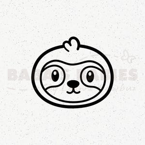 May include: A black and white line art illustration of a sloth face with large eyes, a small nose, and a simple mouth. The design features a rounded head shape with a small tuft of hair on top, presented against a speckled white background.