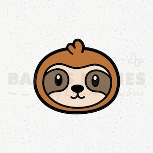 May include: A cartoon illustration of a sloth face with a brown outer head, a light beige face mask, dark brown eye patches, and a small black nose and mouth. The design features bold black outlines and a simple, symmetrical facial expression.