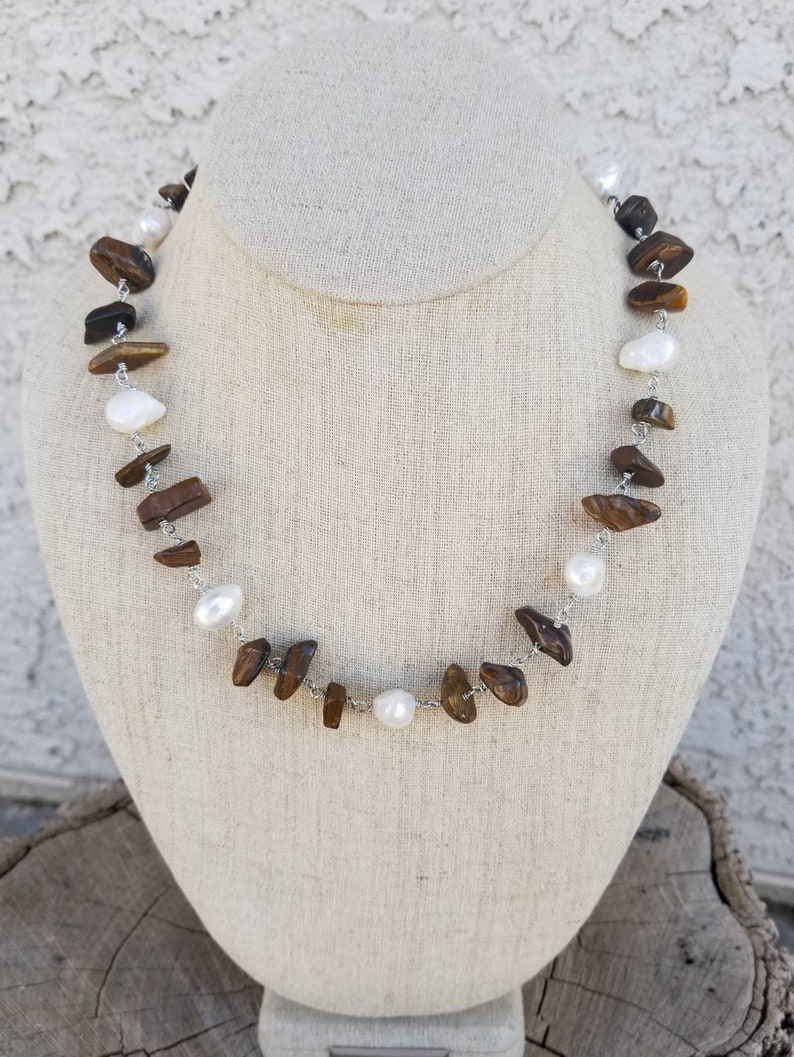 Large Tigers Eye Necklace Genuine Gemstone Jewelry Large Pearls Necklace Hippie Necklace Sterling Silver Jewelry Wire Wrapped Gemstones