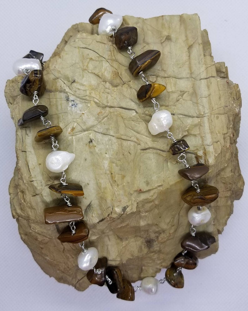Large Tigers Eye Necklace Genuine Gemstone Jewelry Large Pearls Necklace Hippie Necklace Sterling Silver Jewelry Wire Wrapped Gemstones