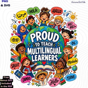 May include: A colorful digital illustration featuring a central globe with the text PROUD TO TEACH MULTILINGUAL LEARNERS. Diverse children surround the globe, accompanied by speech bubbles containing greetings in various languages, books, and icons.