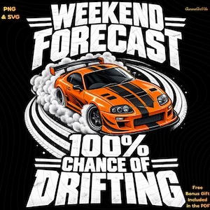 May include: A graphic design featuring an orange sports car with black racing stripes drifting on a track, surrounded by tire smoke. The text reads WEEKEND FORECAST 100% CHANCE OF DRIFTING in bold white letters against a black background.