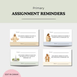 May include: Four assignment reminder cards with illustrations and text. The cards are labeled "Primary Assignment Reminders." Each card has a space for a name and date, with prompts for talks, scriptures, articles of faith, and prayers.
