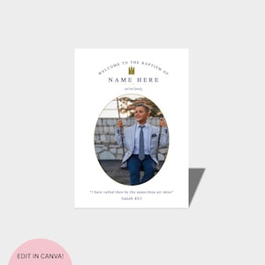 May include: A baptism announcement card with the text "WELCOME TO THE BAPTISM OF NAME HERE 12/01/2025". The card features a photo of a child on a swing and a Bible verse.