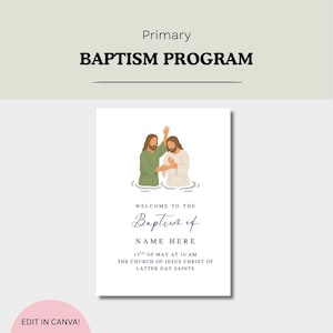 Könnte beinhalten: Eine weiße Taufprogrammkarte mit einer zentralen Illustration von zwei Figuren im Wasser, eine in einem grünen und eine in einem weißen Gewand. Der Text lautet: Primary BAPTISM PROGRAM, WELCOME TO THE Baptism of NAME HERE, 13TH OF MAY AT 10 AM, THE CHURCH OF JESUS CHRIST OF LATTER DAY SAINTS.