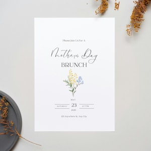 Plantilla imprimible de invitación para brunch del Día de la Madre, elegante invitación floral, descarga digital, tarjeta personalizable para celebrar a mamá.