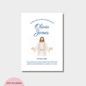 Può includere: Un invito al battesimo bianco con testo blu che recita: PLEASE JOIN US FOR THE BAPTISM OF Olivia Jones, 8.9.25 at 3:00, THE CHURCH OF JESUS CHRIST OF LATTER DAY SAINTS 123 ANYWHERE ST., AUSTIN, TX 12345, e un'illustrazione di Gesù al centro.