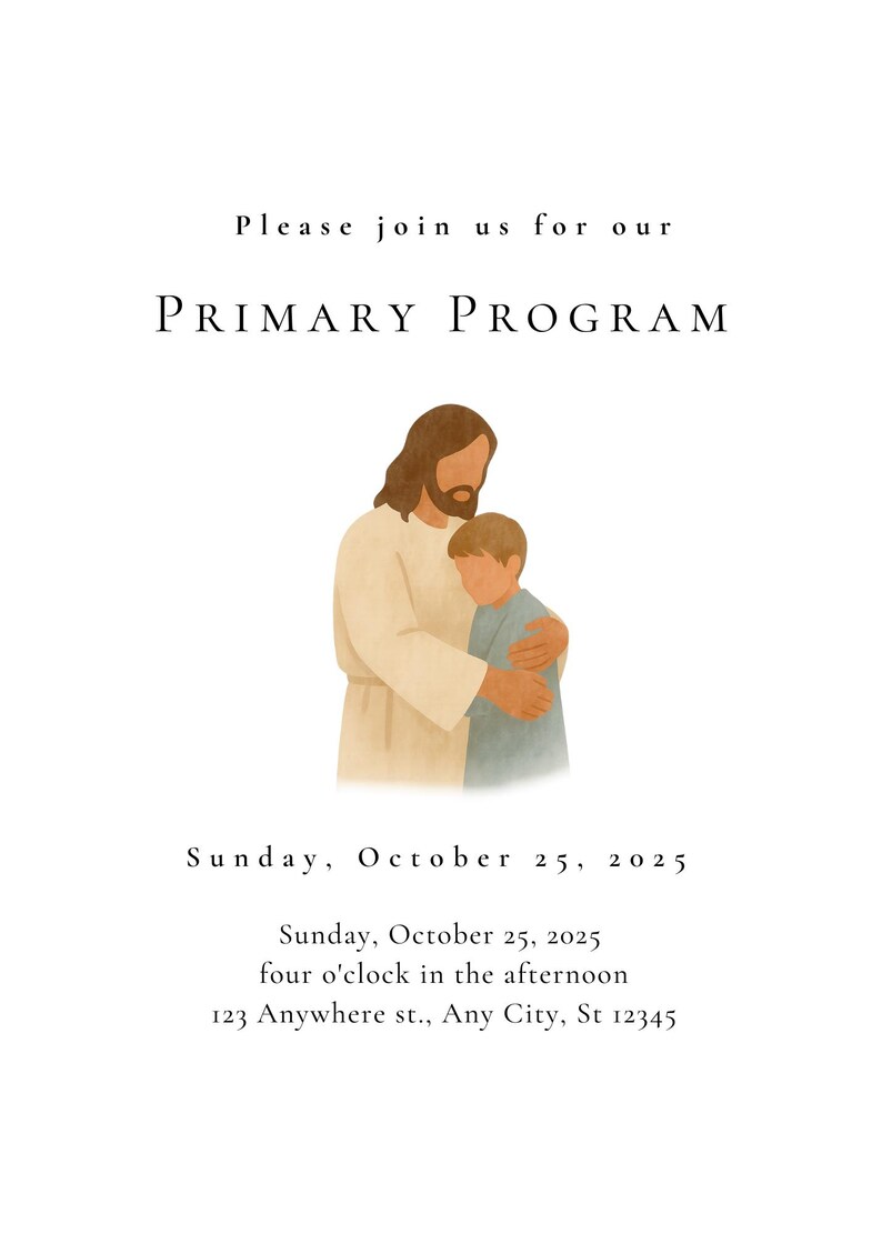 May include: An invitation for a Primary Program, featuring an illustration of a figure with long hair embracing a child. The text reads "Please join us for our PRIMARY PROGRAM" and includes the date, time, and address.