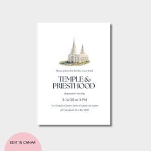 Könnte beinhalten: Eine weiße Einladungskarte mit einer Aquarellillustration eines Tempels oben. Der Text lautet: Please join us for the Bee Cave Ward, TEMPLE & PRIESTHOOD, Preparation Meeting, 3/14/25 at 3 PM, The Church of Jesus Christ of Latter Day Saints.