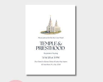 May include: A white invitation card featuring a watercolor illustration of a temple at the top. The text reads: Please join us for the Bee Cave Ward, TEMPLE & PRIESTHOOD, Preparation Meeting, 3/14/25 at 3 PM, The Church of Jesus Christ of Latter Day Saints.