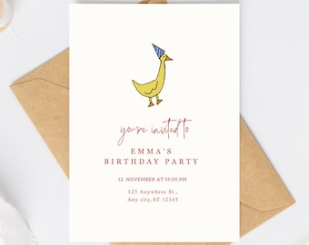 Little Girl Birthday Invite Card, Goose Birthday Invite, Birthday Invite, Cute Birthday Party, Minimalist Kids Birthday Invite