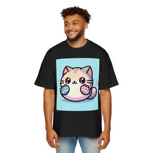 Herren, süßes Anime-Katzen-Grafik-T-Shirt - Entzückendes T-Shirt für Katzenliebhaber, entspannte Passform für Freizeitkleidung, perfektes Geburtstagsgeschenk, lustiger Sommerstil,