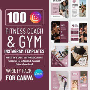 100 Pink Canva Fitness Instagram Templates, Personal Trainer Templates, Canva Gym Templates, Fitness Coach Social Media Templates, Gym