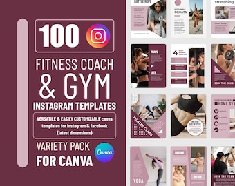100 Pink Canva Fitness Instagram Templates, Personal Trainer Templates, Canva Gym Templates, Fitness Coach Social Media Templates, Gym