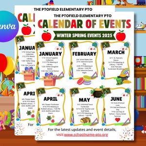 Editable PTA PTO Calendar of Events Flyer Template | Monthly School Event Planner | Printable Parent Teacher Schedule Customizable PTO Event