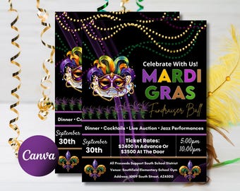 May include: Two Mardi Gras fundraiser ball flyers with a black background, featuring masks, gold beads, and the text "MARDI GRAS Fundraiser Ball." The flyers include event details, date, time, and ticket prices. The Canva logo is visible.