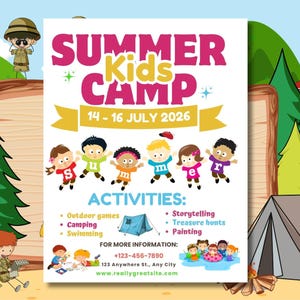 May include: A colorful poster advertising a Summer Kids Camp from July 14-16, 2026. The poster features cartoon children, outdoor activities, and a tent. The text includes "Outdoor games," "Camping," "Swimming," "Storytelling," "Treasure hunts," and "Painting."