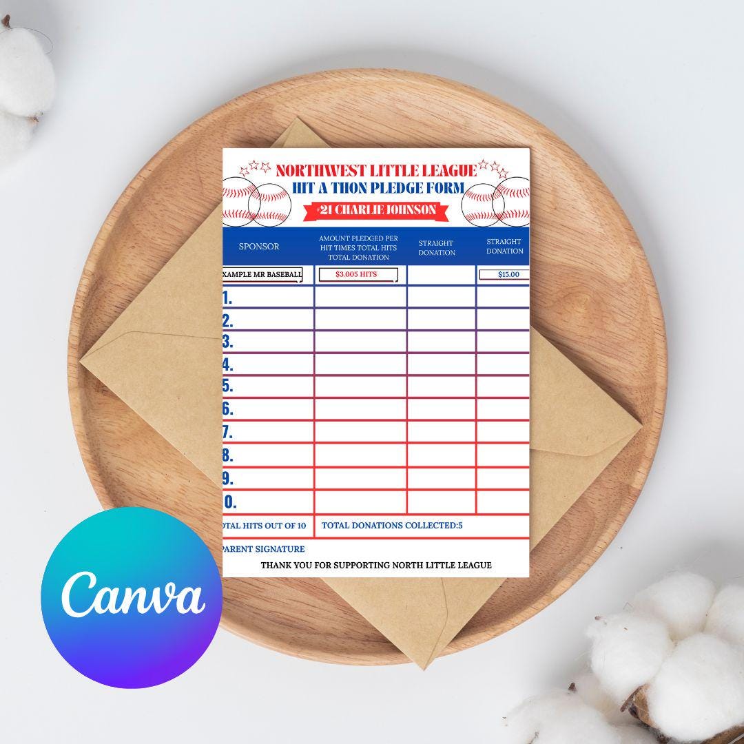 Baseball Hit-a-thon Pledge Sheet: Editable Team Fundraiser (canva ...