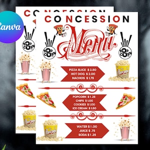 以下が含まれることがあります： 赤と白のデザインのコンセッションメニュー。ポップコーン、ピザ、その他の軽食が特徴です。メニューには装飾的なフォントで「メニュー」という単語と、上部に「コンセッション」というテキストが含まれています。 Canvaのロゴが左上隅にあります。