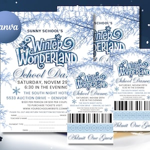 May include: A collection of light blue Winter Wonderland School Dance tickets and flyers. The design features snowflakes, winter branches, and the event details. The text includes the school name, date, time, and location.