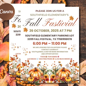 May include: A fall festival invitation with the text "Fall Fastivial" and event details. The design features pumpkins, autumn leaves, and floral elements in warm colors. The event is scheduled for October 26, 2025, at 7 PM.