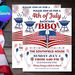 Editable 4th of July BBQ Invitation, Printable Independence Day Party Invite, July 4th Barbecue Template, Patriotic July Fourth BBQ Invite