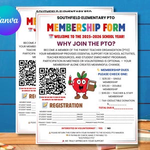 Puede incluir: Formulario de membresía para la PTO de la escuela primaria Southfield, dando la bienvenida al año escolar 2025-2026. El formulario incluye secciones para información de miembros, detalles de estudiantes y una sección para indicar interés en el voluntariado. Con manzana de dibujos animados.