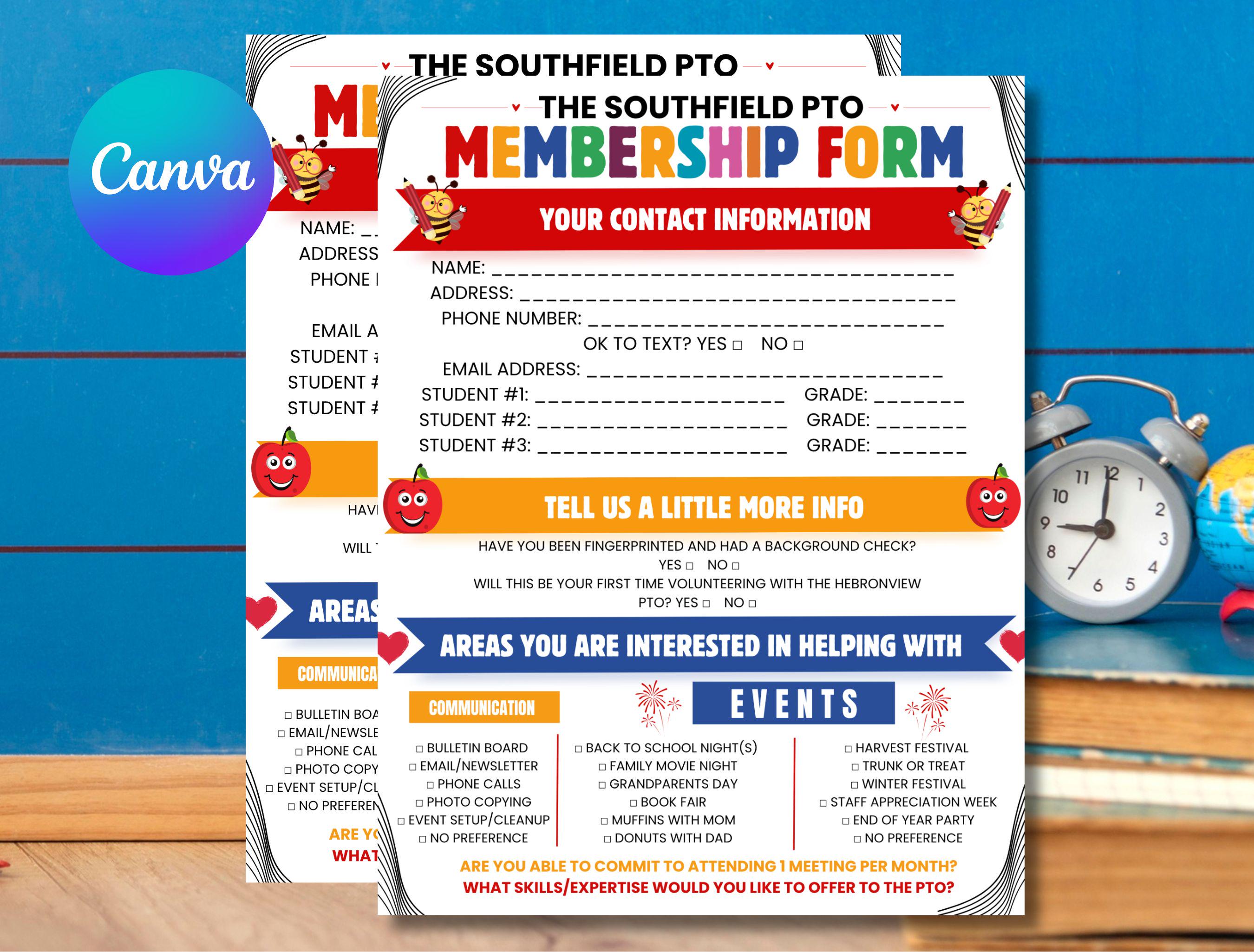 Editable PTO PTA Membership & Volunteer Form: School Newsletter Template (Digital Download)