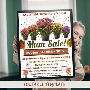 Editable Fall Mum Sale Fundraiser Flyer Template | School & Church Fundraiser | PTA PTO Event Flyer | Chrysanthemum Flower Sale Poster |