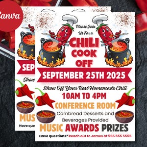 Peut inclure: Deux flyers pour un concours de chili. La conception présente un chef de piment de dessin animé, un pot de chili et les détails de l'événement : "CHILI COOK OFF SEPTEMBER 25TH 2025". Les flyers mentionnent également des prix musicaux.