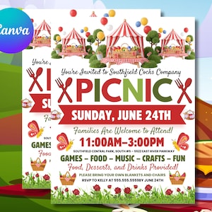 Editable Company Picnic Flyer Template Canva | Work Appreciation Invitation | Summer Office BBQ Party | Corporate Staff Event Printable