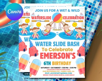 Editable Water Slide Birthday Invitation | Blue Splash Party Invite for Boy or Girl | 8.5x11 Digital Printable | Waterslide Bash Template