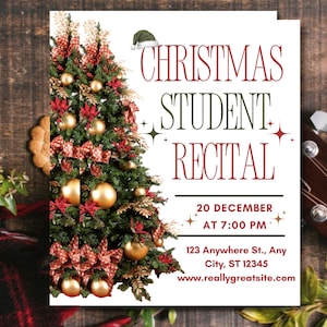 May include: A Christmas Student Recital invitation with a decorated Christmas tree on the left. The text includes the date, time, and location. The background is a wooden surface with a guitar.