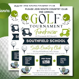 May include: A promotional flyer for a golf tournament fundraiser, featuring cartoon golf balls and golf carts. The text reads "2nd Annual Golf Tournament Fundraiser" and mentions "Southfield School". The flyer is set against a green backdrop.