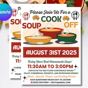 Editable Winter Soup Cook Off Flyer - Work Soup Competition Invitation - Printable Office Potluck Flyer Template Canva Editable Event Poster