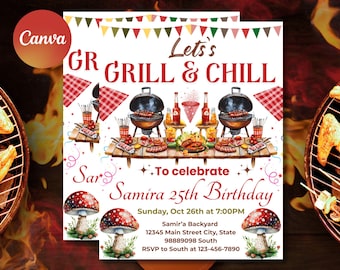 Grill and Chill Birthday Invitation| Editable BBQ Birthday Party Invite | Printable Barbecue Canva Template | Chill and Grill Editable Invit