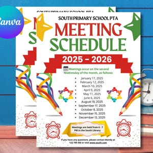 Editable PTA PTO Meeting Schedule Flyer | Annual PTO Meeting Dates Printable | Yearly School Meeting Calendar | Instant Download | Pta