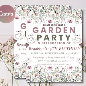 Convite para festa no jardim com flores silvestres | Modelo de aniversário floral editável | Convite para aniversário de menina | Festa de aniversário no jardim | Convite para impressão