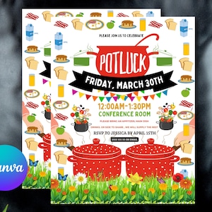 May include: Two invitation cards for a potluck event. The cards feature a red pot with white polka dots, the word "POTLUCK" in large red letters, and the date "FRIDAY, MARCH 30TH". The cards are decorated with food illustrations and floral elements.