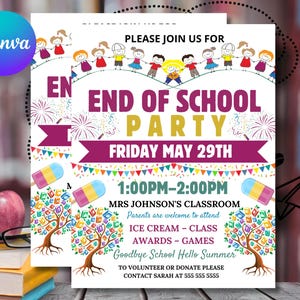 Editable End of School Year Party Invitation Template - Schools Out Party Invite - Printable Party Invite - Canva Template for Students